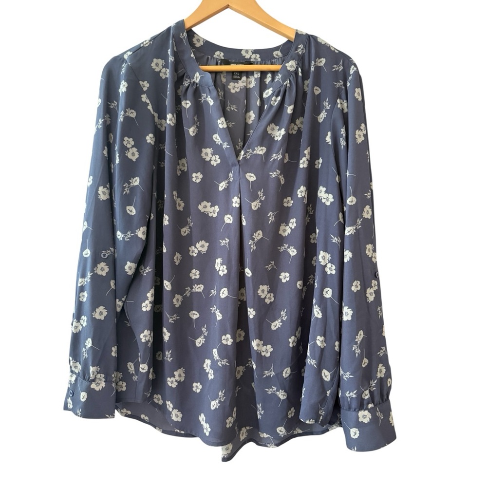 Simply Vera Vera Wang Blue Gray Relaxed Blouse with Mandarin Collar